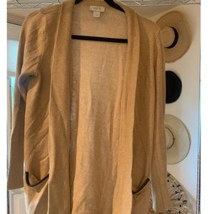 Loft Tan Cardigan Leather Rimmed Pockets Small